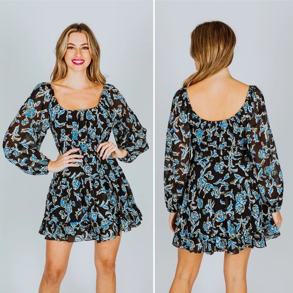 Tanya Taylor Black Floral Mini Dress with Blue Flowers